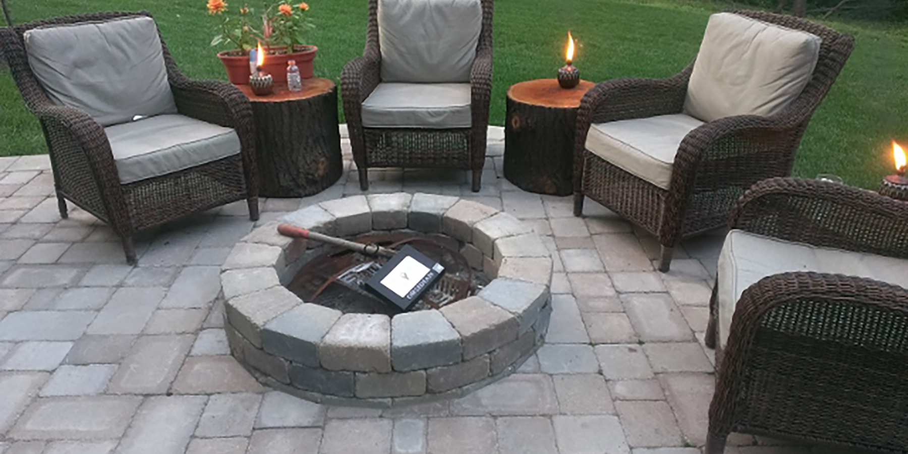 Brick paver fireplace and patio