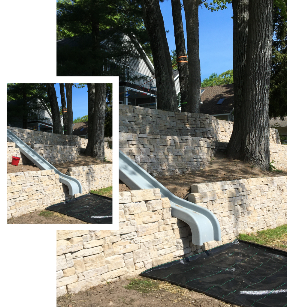 Segmented retaining wall with slide