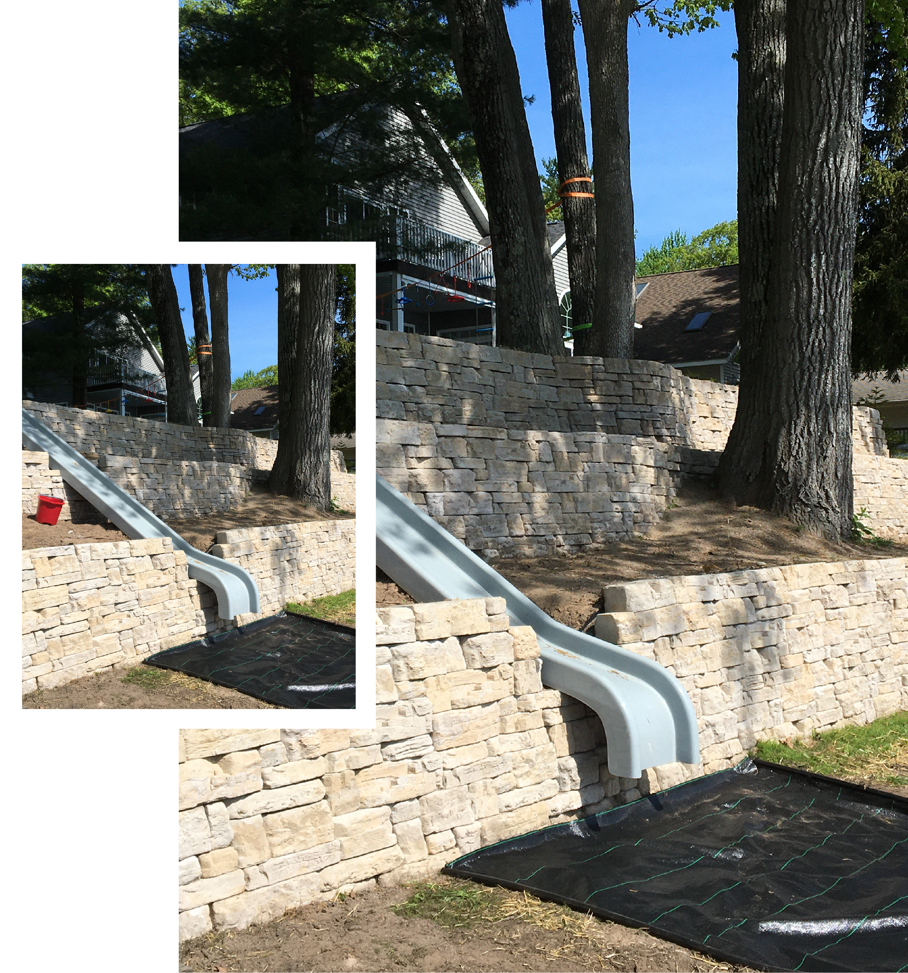 Segmented retaining wall with slide